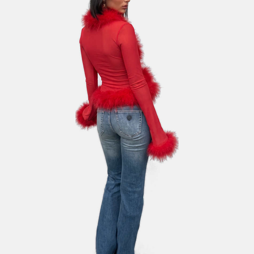 Gilet court femme cache-cœur, manches longues et bordures fausse fourrure