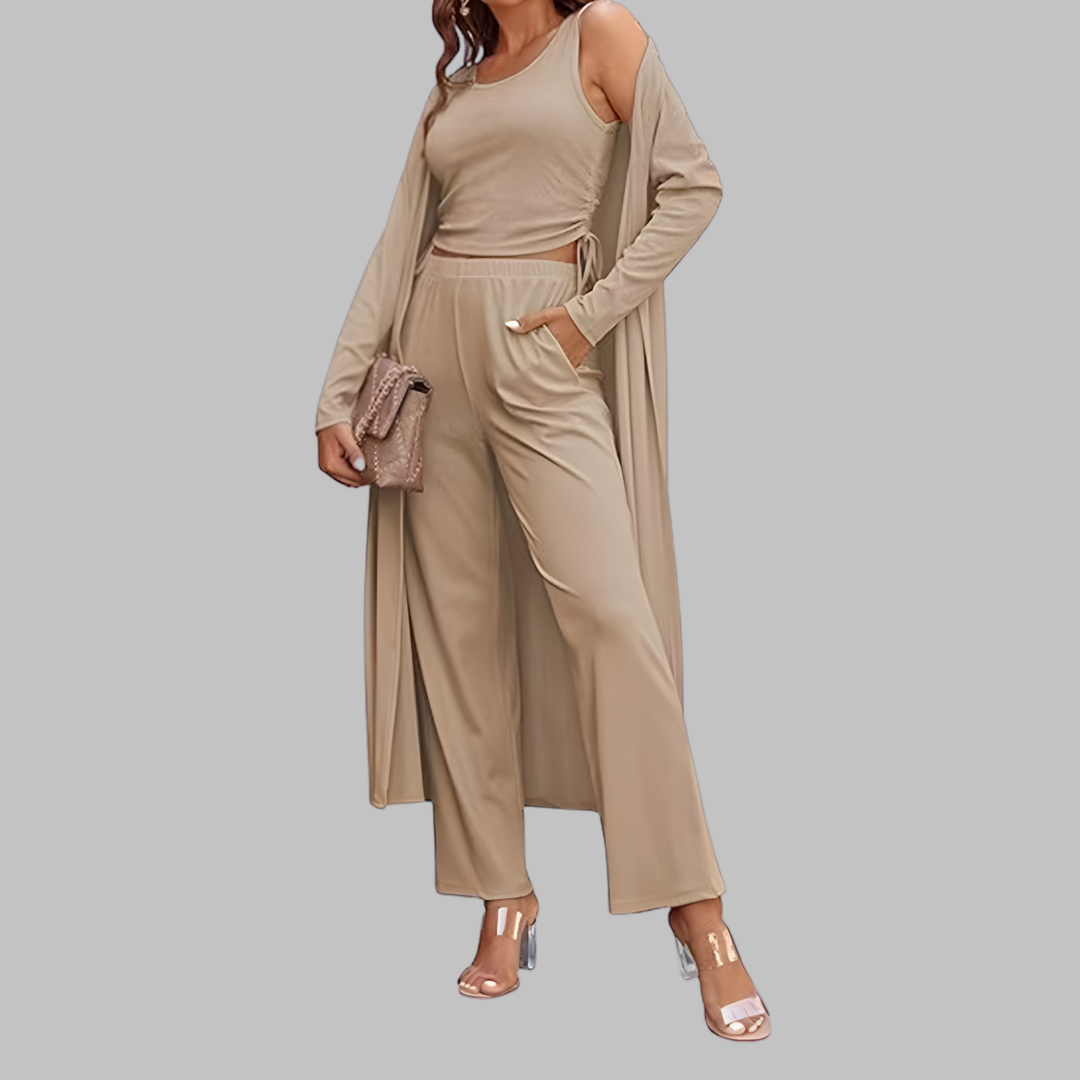 SANORA | Casual Lightweight Three Piece Long Cardigan Drawstring Top and Pants Sleepwear