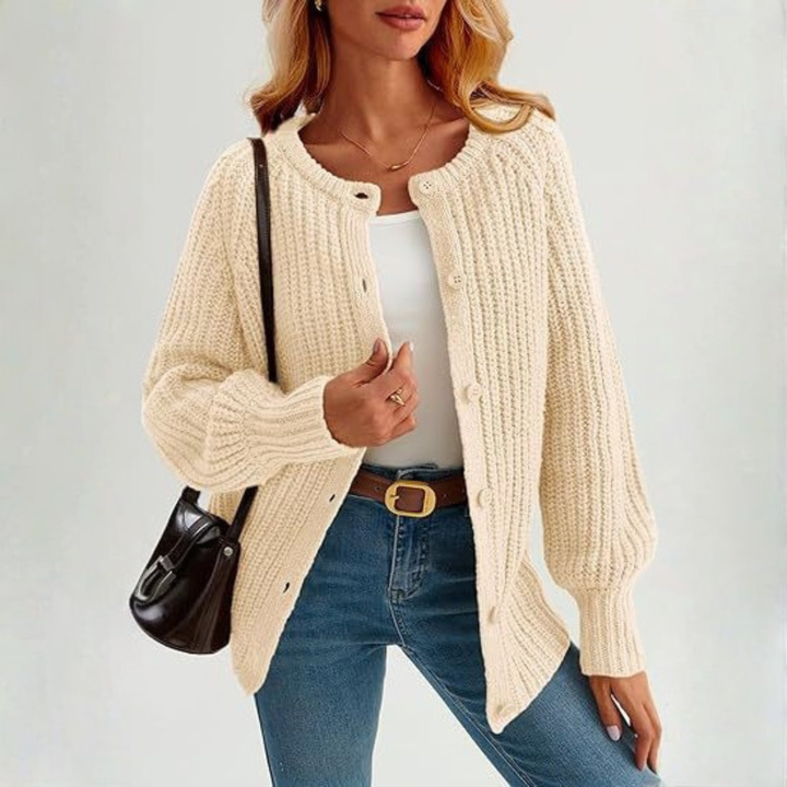 ELOWEN | Comfy Plain Button Down Long Sleeve Round Neck Cardigan