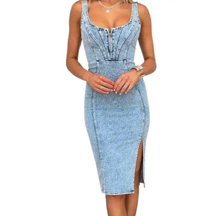 TATIANA | Slim-Fit Denim Side Slit Midi Dress