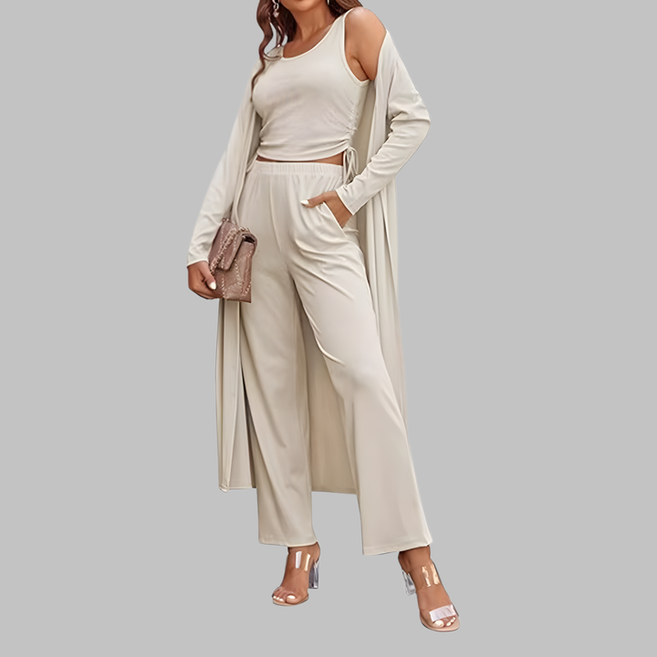 SANORA | Casual Lightweight Three Piece Long Cardigan Drawstring Top and Pants Sleepwear