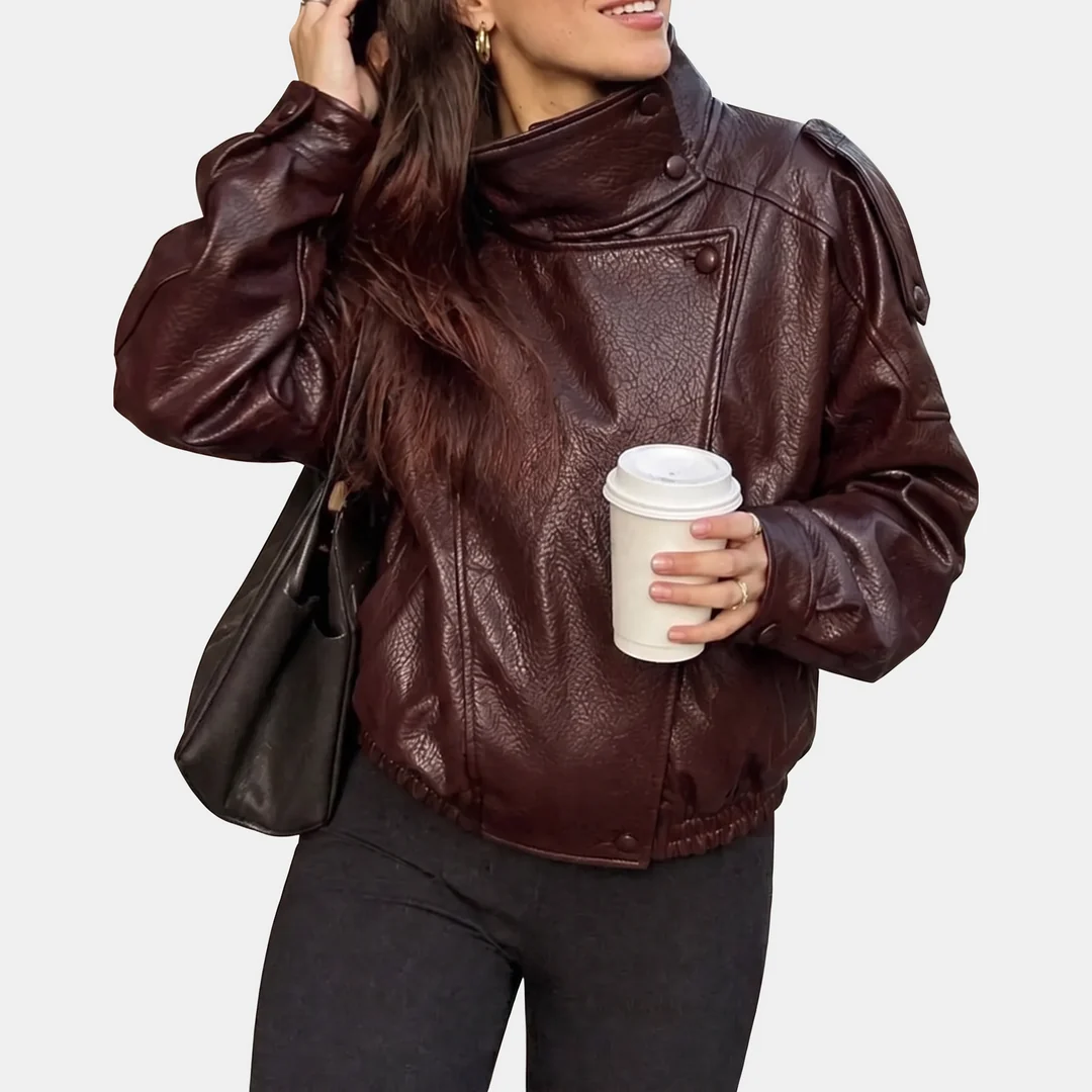 Women's Oversized Faux Leather Jacket with Balloon Sleeves