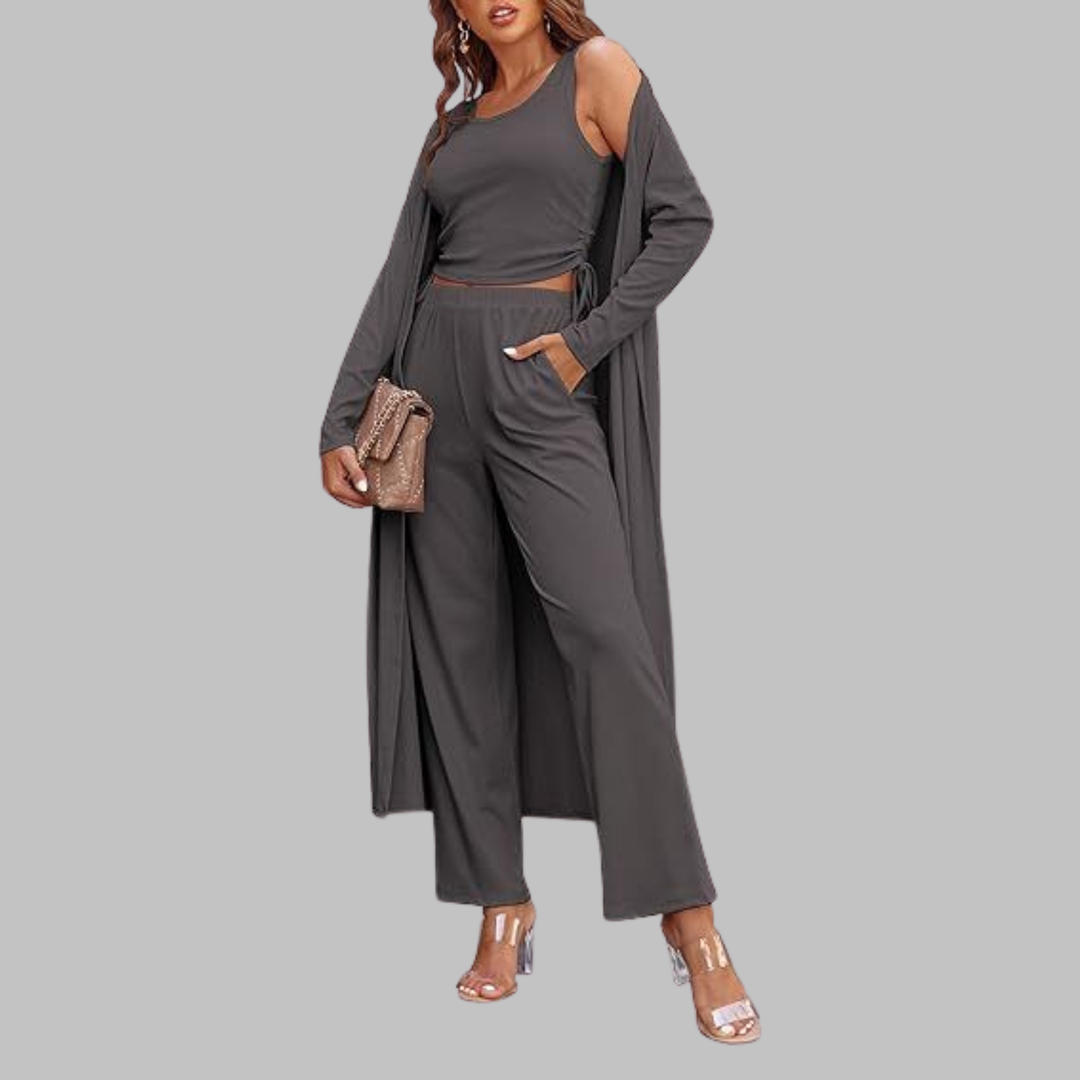 SANORA | Casual Lightweight Three Piece Long Cardigan Drawstring Top and Pants Sleepwear