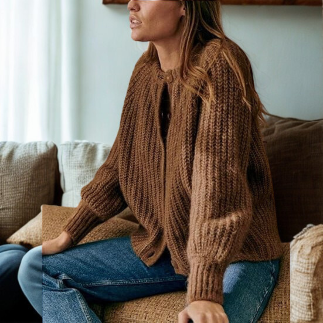 ELOWEN | Comfy Plain Button Down Long Sleeve Round Neck Cardigan