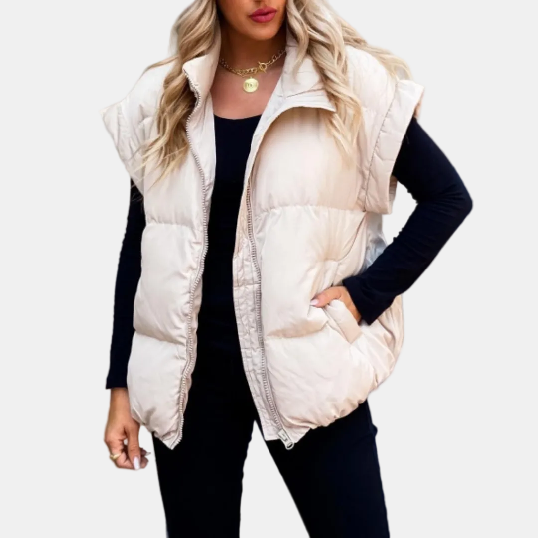 Women's Quilted Puffer Vest with Stand Collar and Front Zip