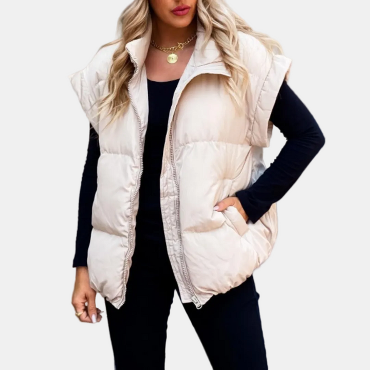 Women's Quilted Puffer Vest with Stand Collar and Front Zip