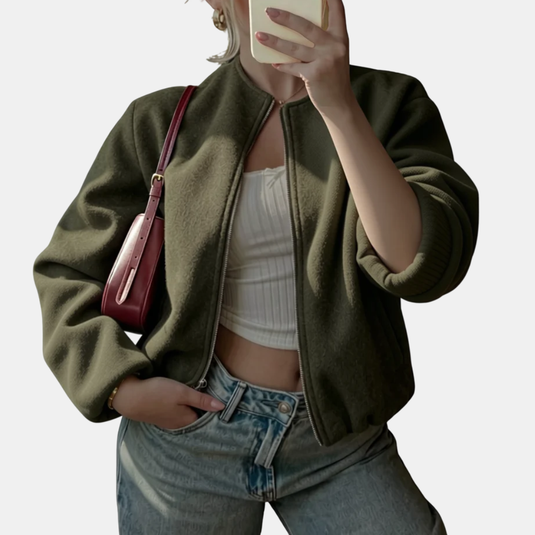 Bomber femme court et oversize, zippé pour la mi-saison, coloris vert militaire