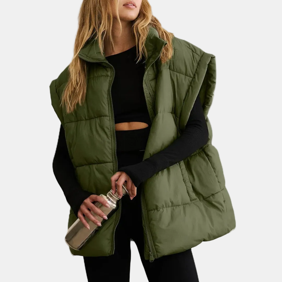 Women's Quilted Puffer Vest with Stand Collar and Front Zip