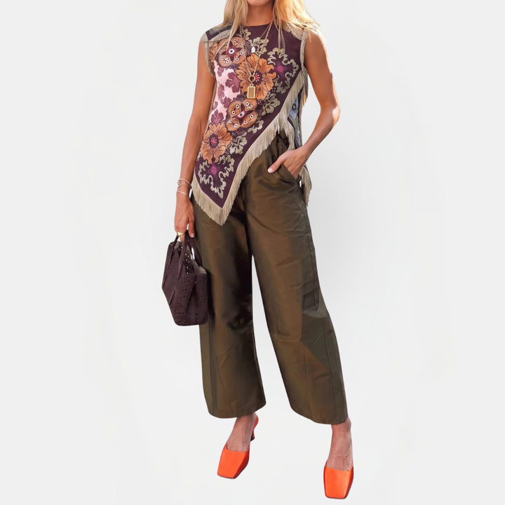 Women's Fringe Trim Asymmetrical Satin Vest Top