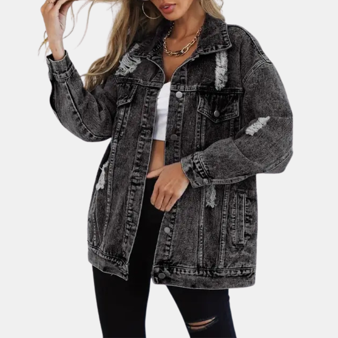 Veste en jean femme oversize et longue, délavée pour la mi-saison, coloris noir