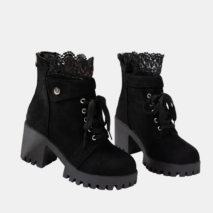 Bottines femme à lacets et talon carré, plateforme et dentelle festonnée, coloris noir