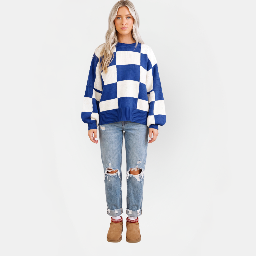 Women's Oversized Balloon Sleeve Checkered Knit Sweater