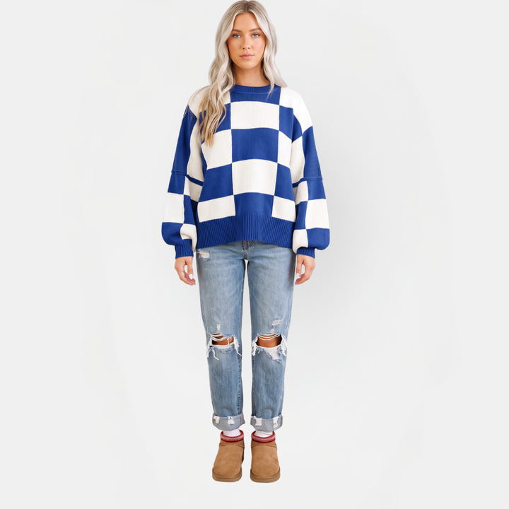 Women's Oversized Balloon Sleeve Checkered Knit Sweater