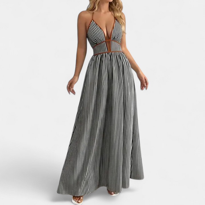 CASPIENNE | Striped V-Neck Halter Maxi Dress