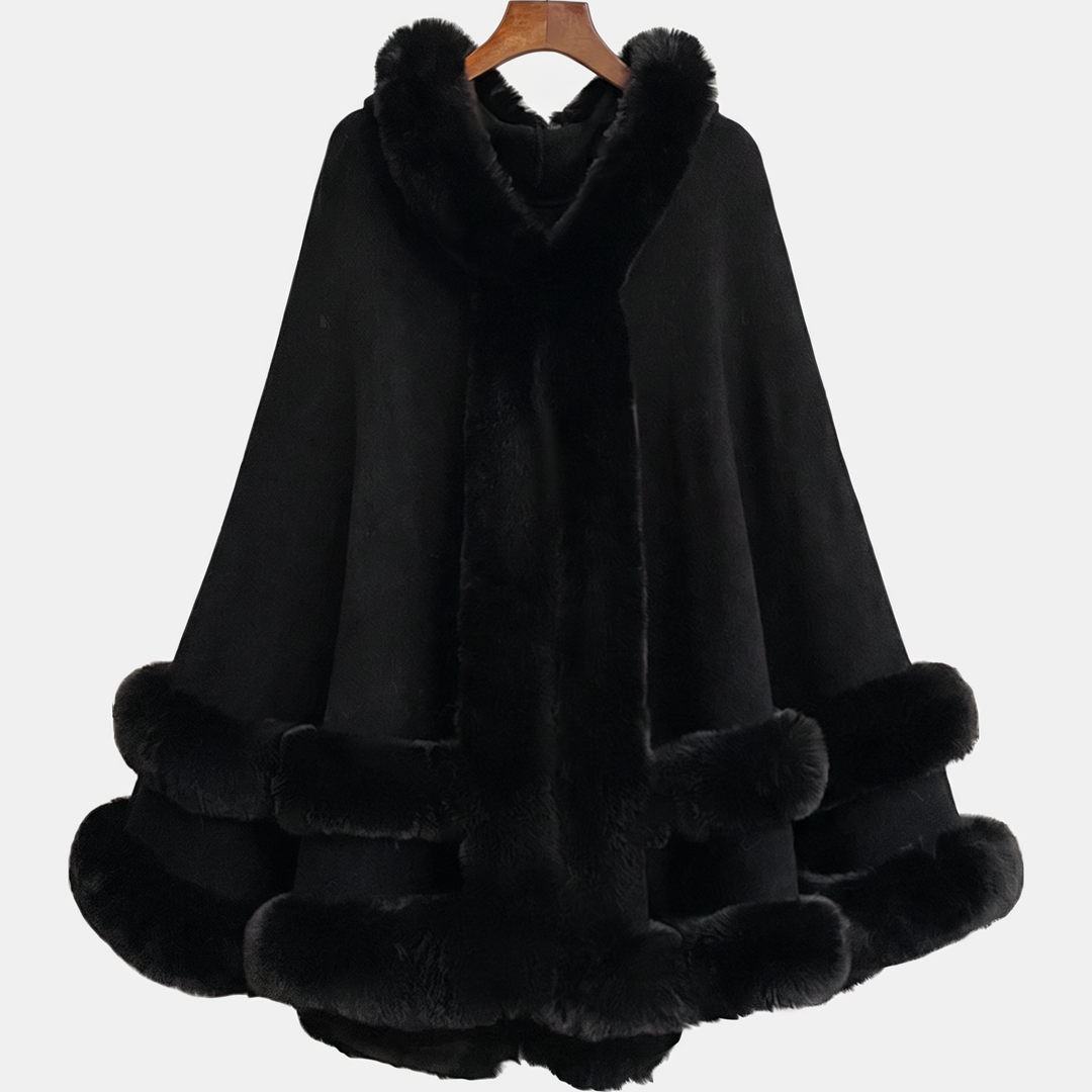 Cape à capuche femme, bordures en fausse fourrure pour l’hiver, coloris noir