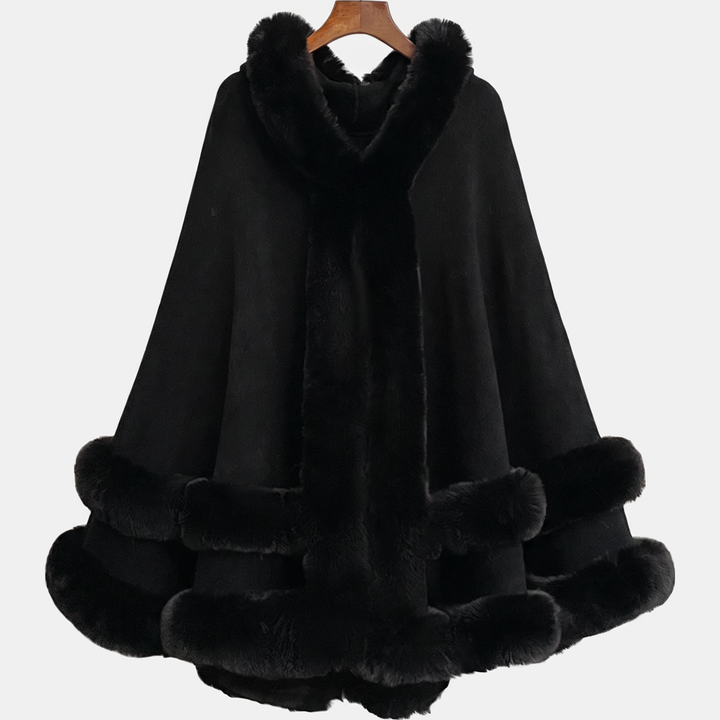 Cape à capuche femme, bordures en fausse fourrure pour l’hiver, coloris noir