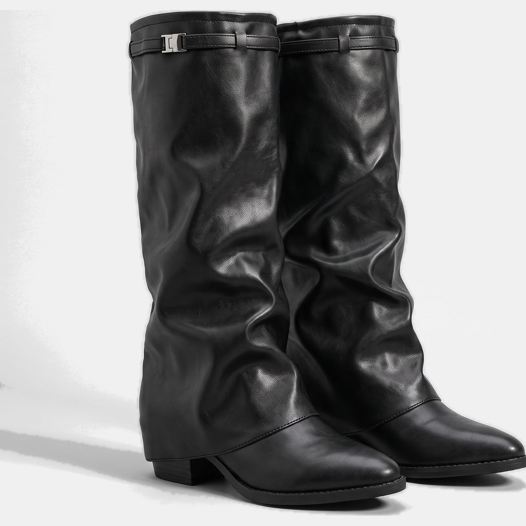 Bottes hautes femme à revers, bout pointu et bride à boucle, coloris noir