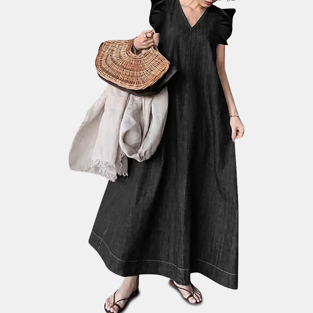 Robe longue pour femme en jean léger, coupe trapèze fluide et estivale, coloris noir