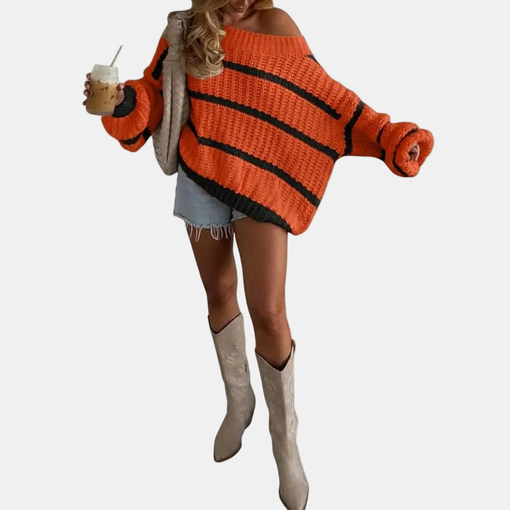 Women's Oversized Off Shoulder Striped Knit Pullover Sweater