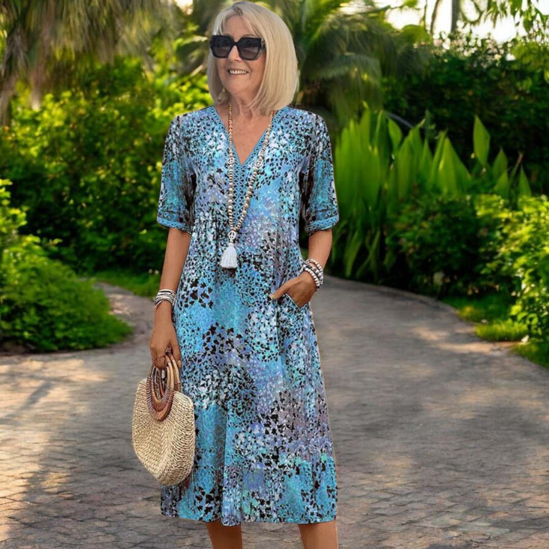 ASHLEY | Printed V-Neck Midi Dress