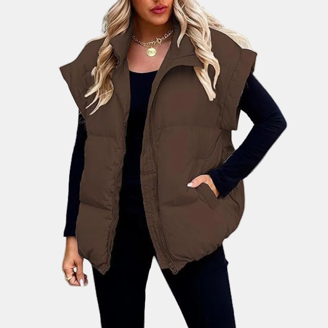 Women's Quilted Puffer Vest with Stand Collar and Front Zip