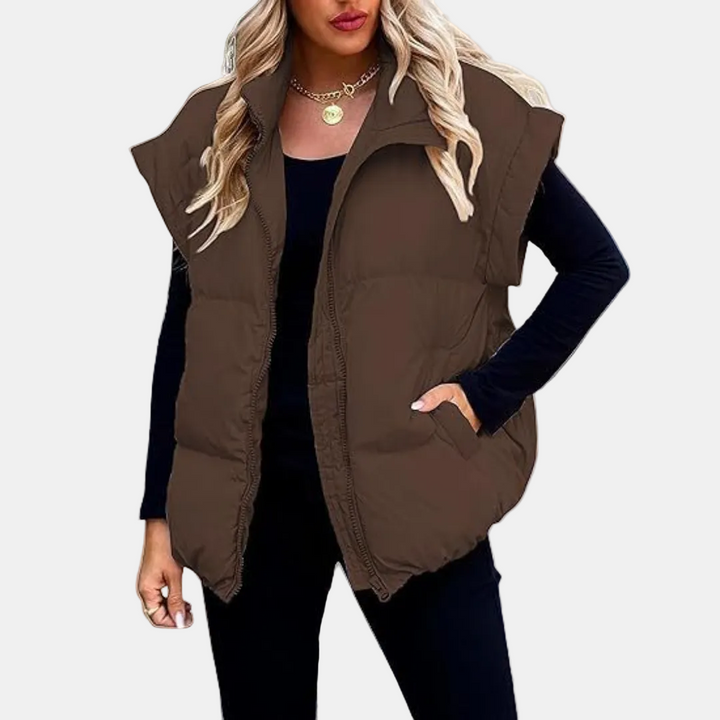 Women's Quilted Puffer Vest with Stand Collar and Front Zip