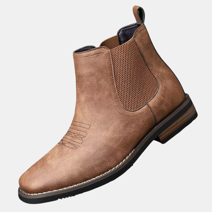 Chelsea boots femme à petit talon, surpiqûres style western, coloris marron clair
