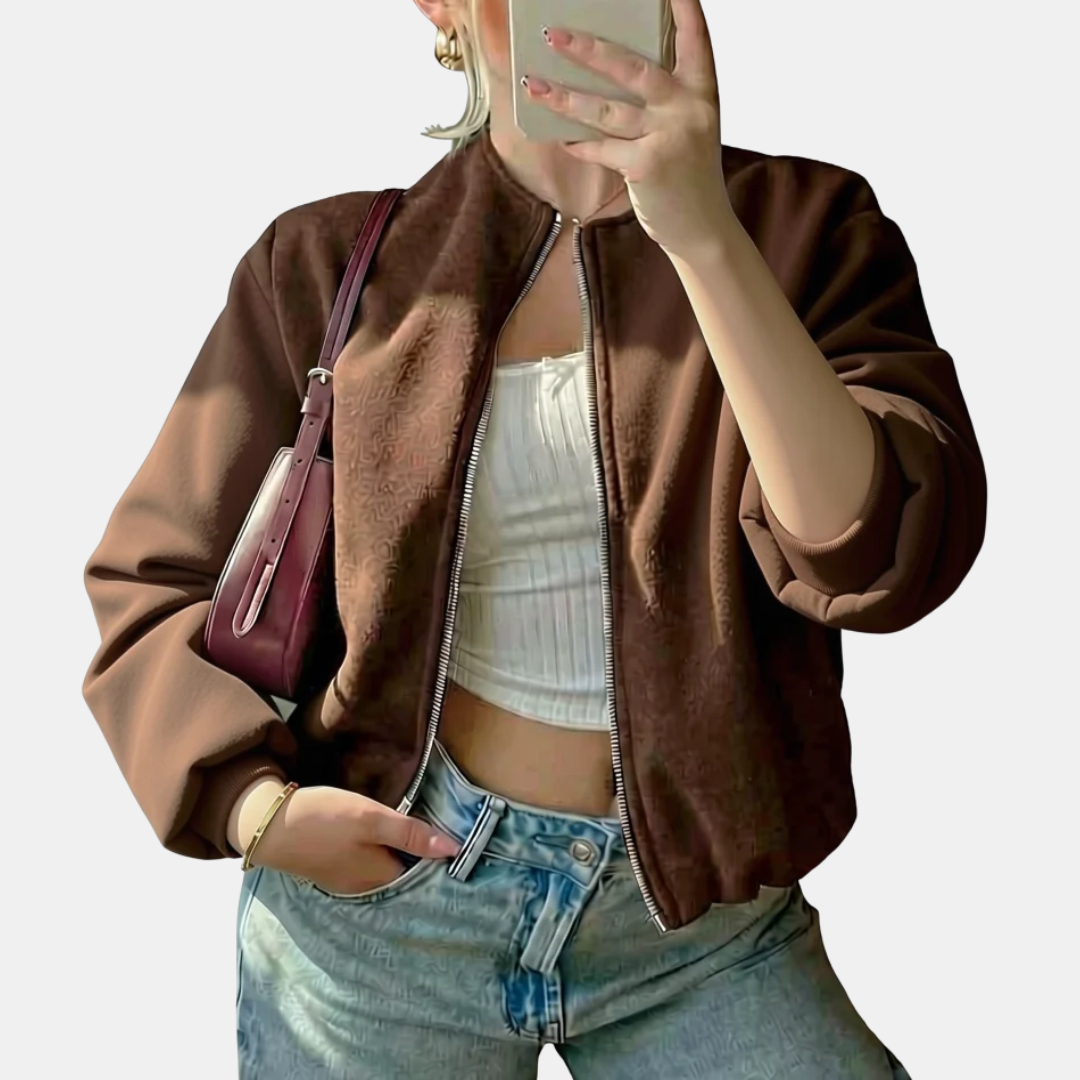 Bomber femme court et oversize, zippé pour la mi-saison, coloris marron
