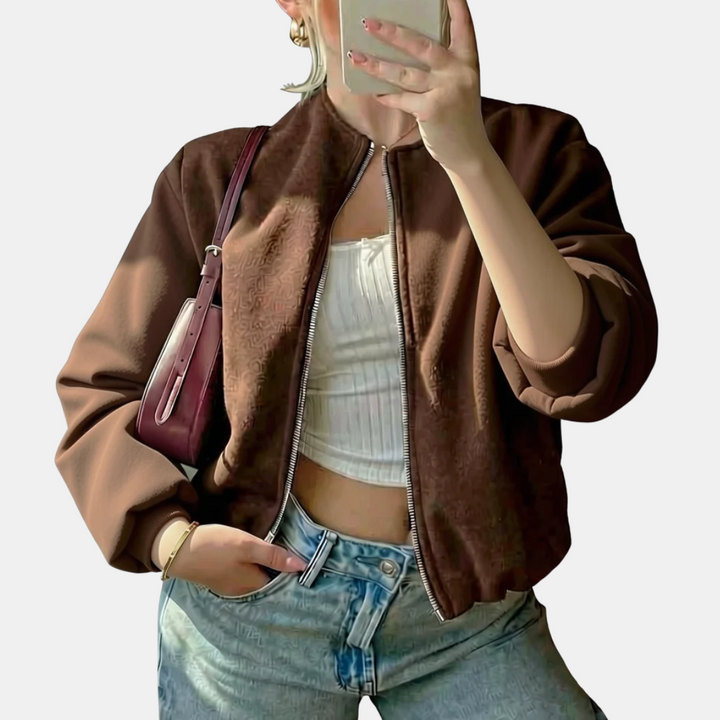 Bomber femme court et oversize, zippé pour la mi-saison, coloris marron