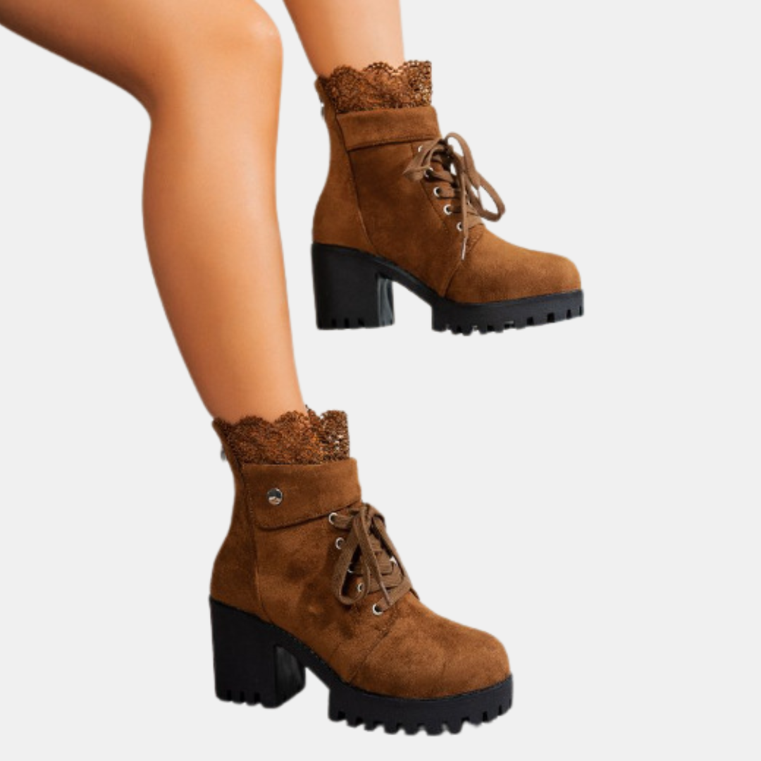 Bottines femme à lacets et talon carré, plateforme et dentelle festonnée, coloris marron