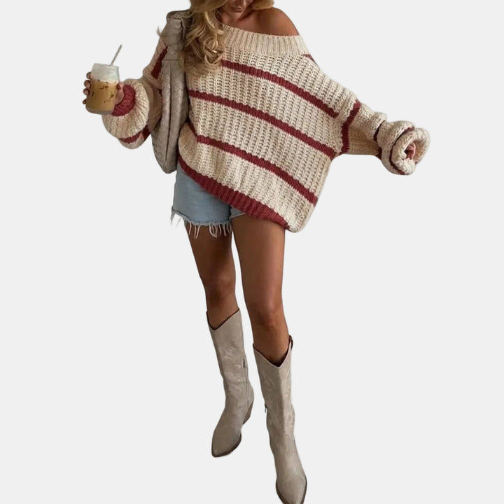 Women's Oversized Off Shoulder Striped Knit Pullover Sweater