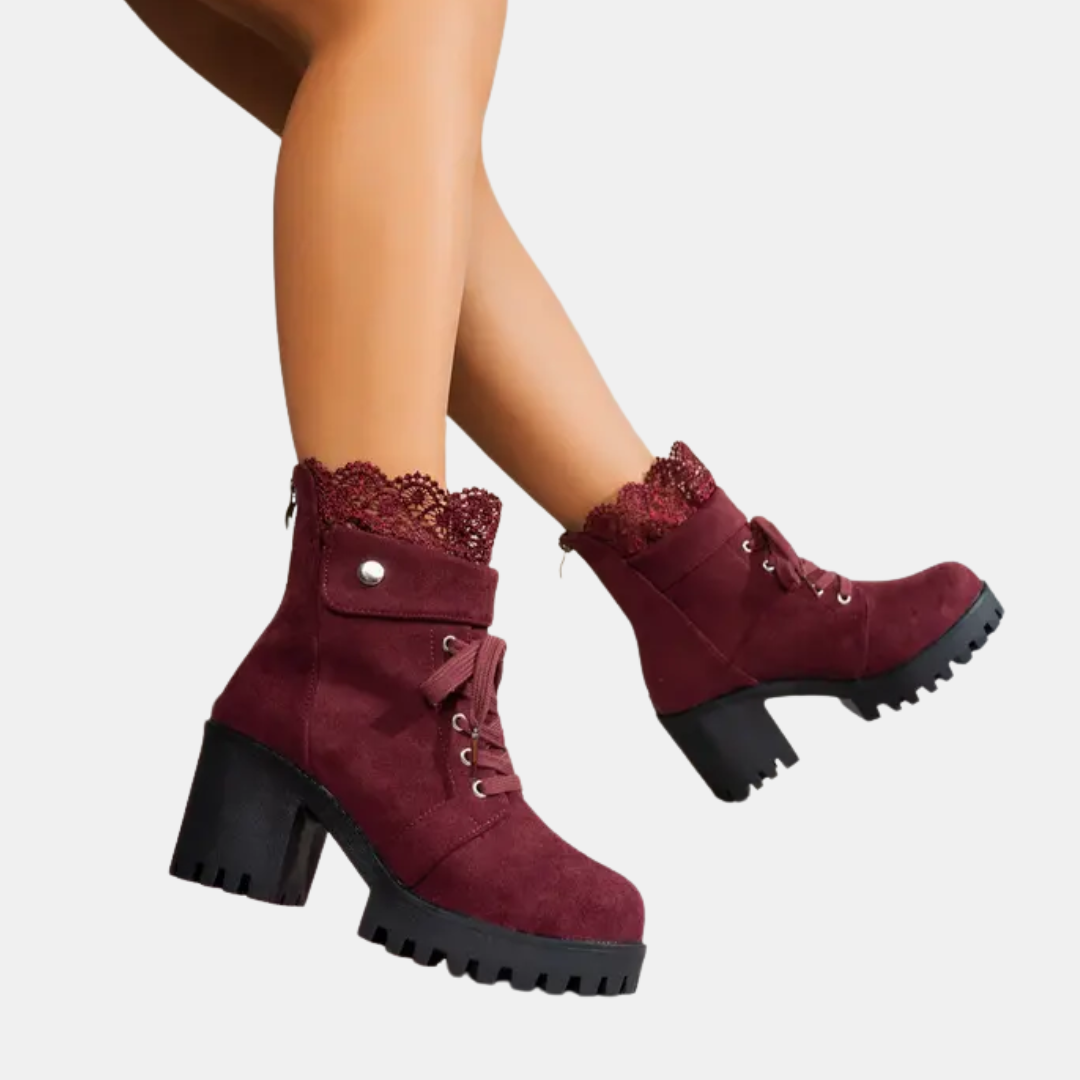 Bottines femme à lacets et talon carré, plateforme et dentelle festonnée, coloris bordeaux