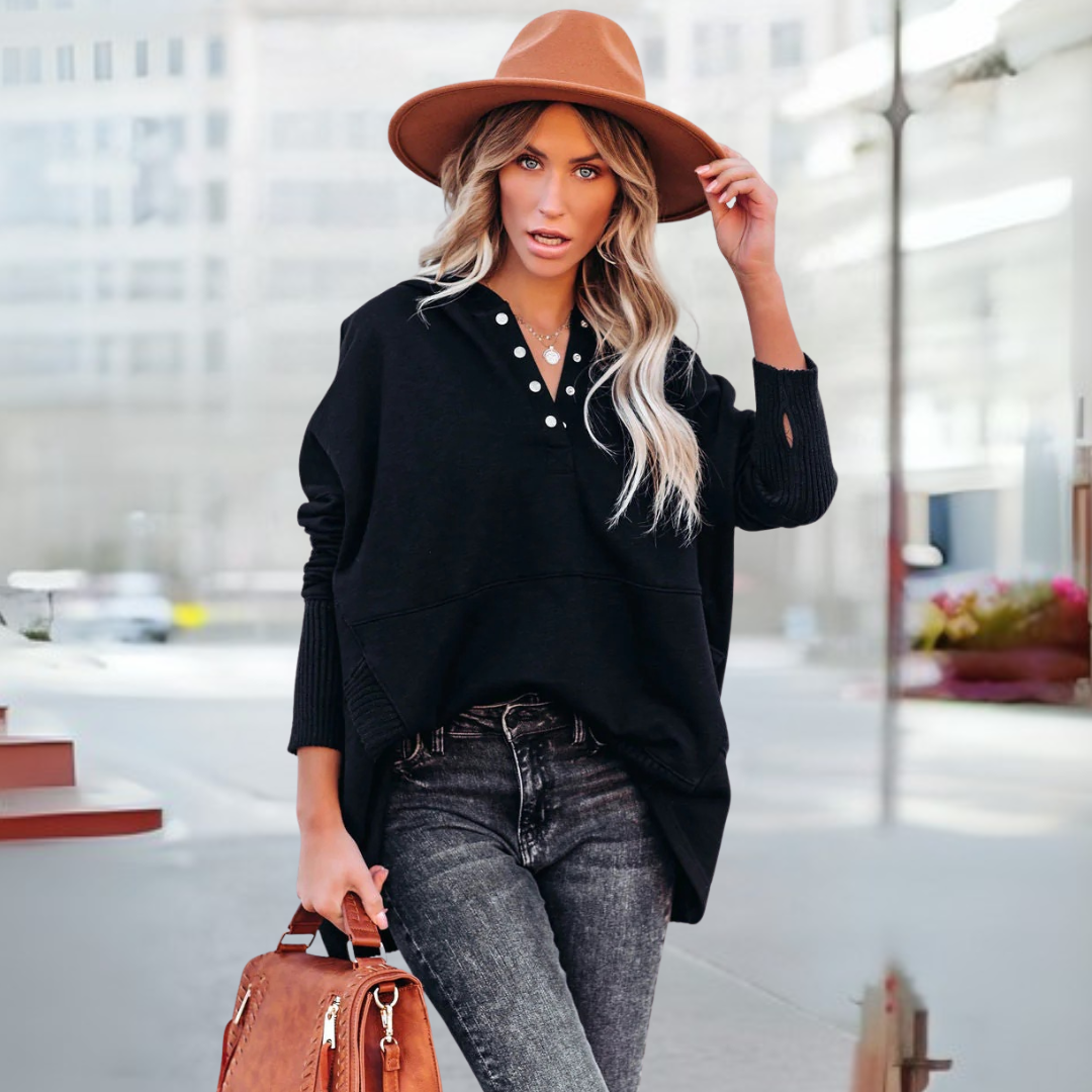 SORAYA | Comfy Oversized Hoodie V-Neck Long Sleeve Sweatshirt