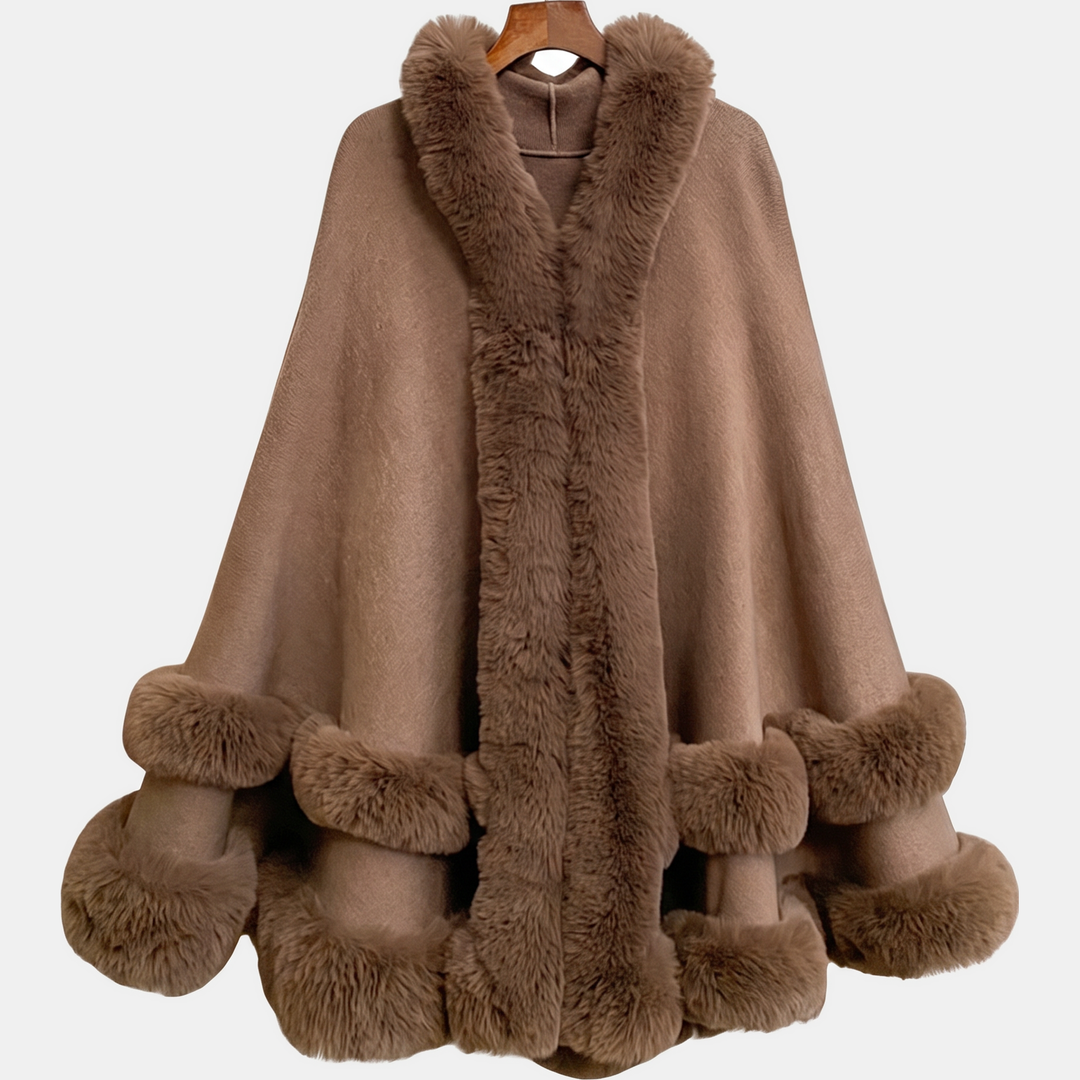Cape à capuche femme, bordures en fausse fourrure pour l’hiver, coloris marron clair