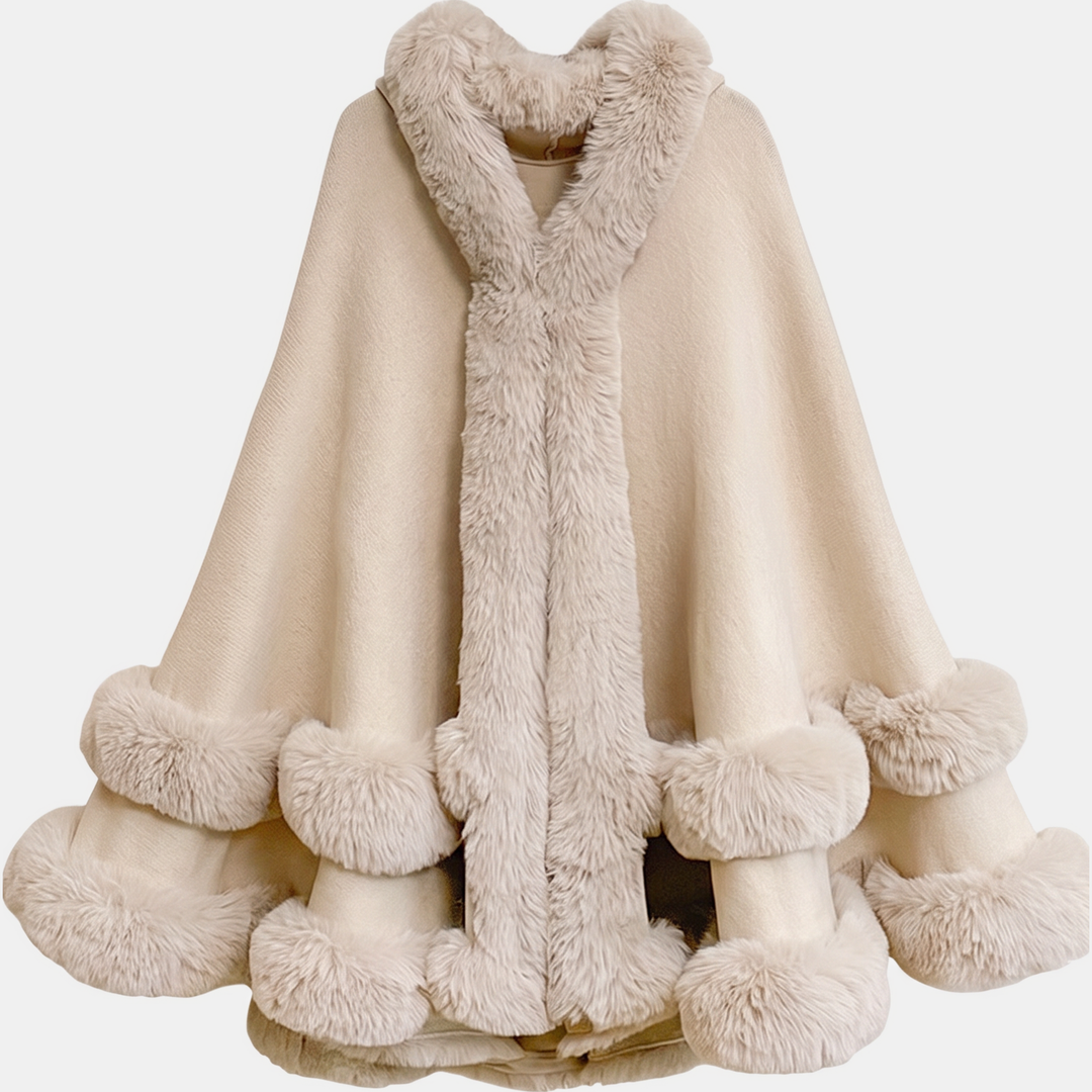 Cape à capuche femme, bordures en fausse fourrure pour l’hiver, coloris crème