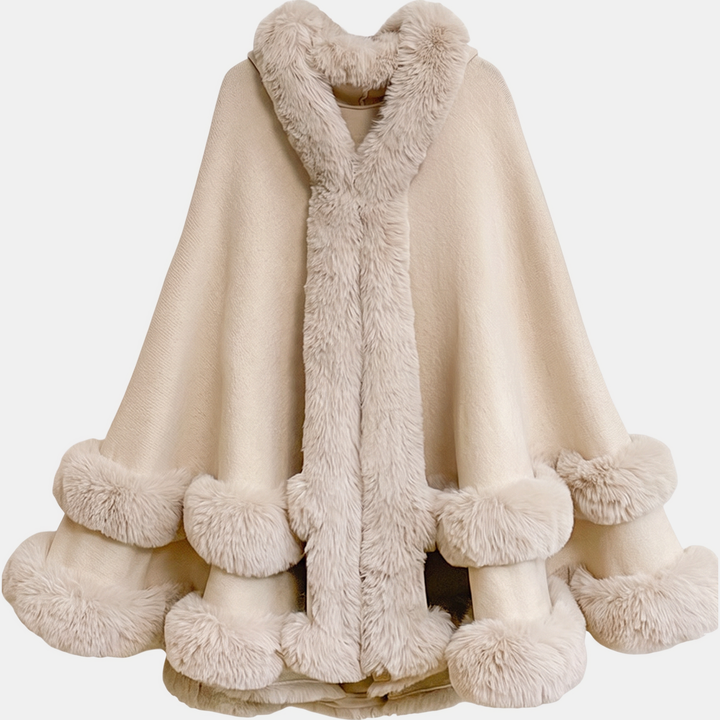 Cape à capuche femme, bordures en fausse fourrure pour l’hiver, coloris crème