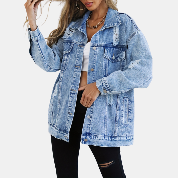Veste en jean femme oversize et longue, délavée pour la mi-saison, coloris bleu