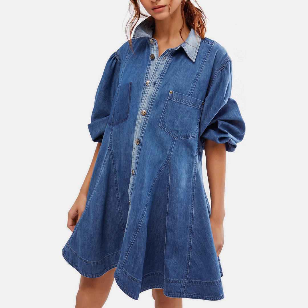 Robe chemise en jean courte pour femme, manches ballon et coupe évasée, coloris denim
