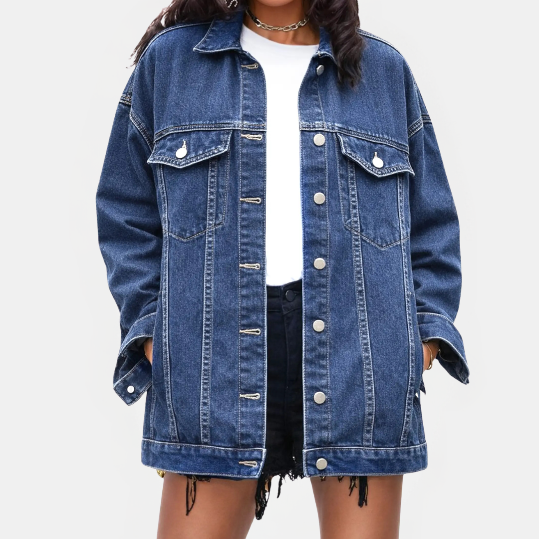Women's Oversized Longline Denim Jacket with Snap Button Pockets