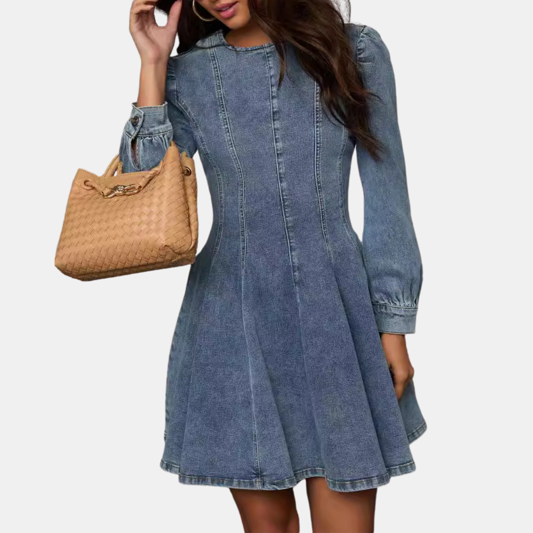 Robe en jean courte femme coupe patineuse, manches longues bouffantes, coloris bleu
