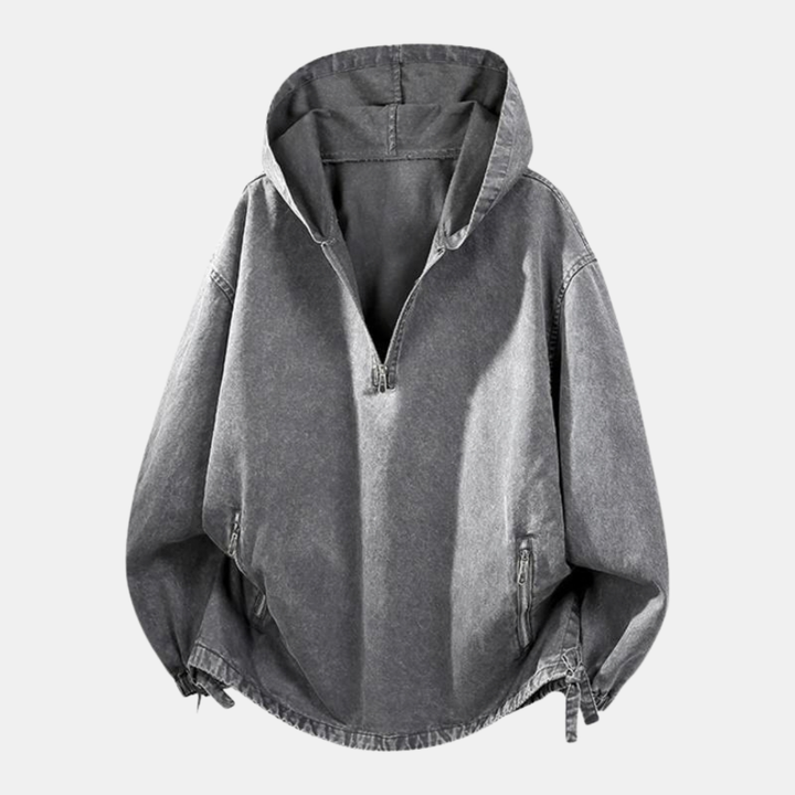 Veste femme mi-saison oversize en jean à capuche, demi-zip et cordons, coloris gris
