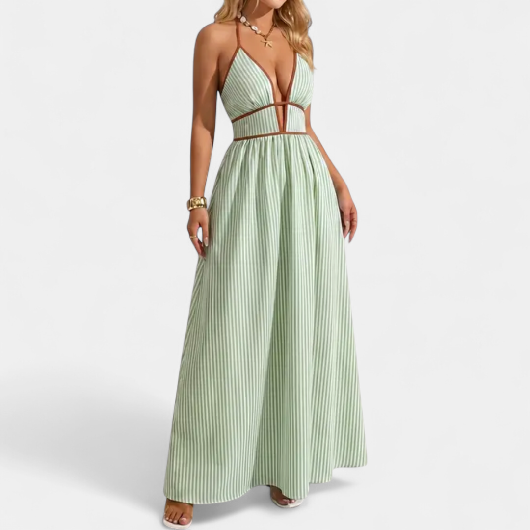 CASPIENNE | Striped V-Neck Halter Maxi Dress