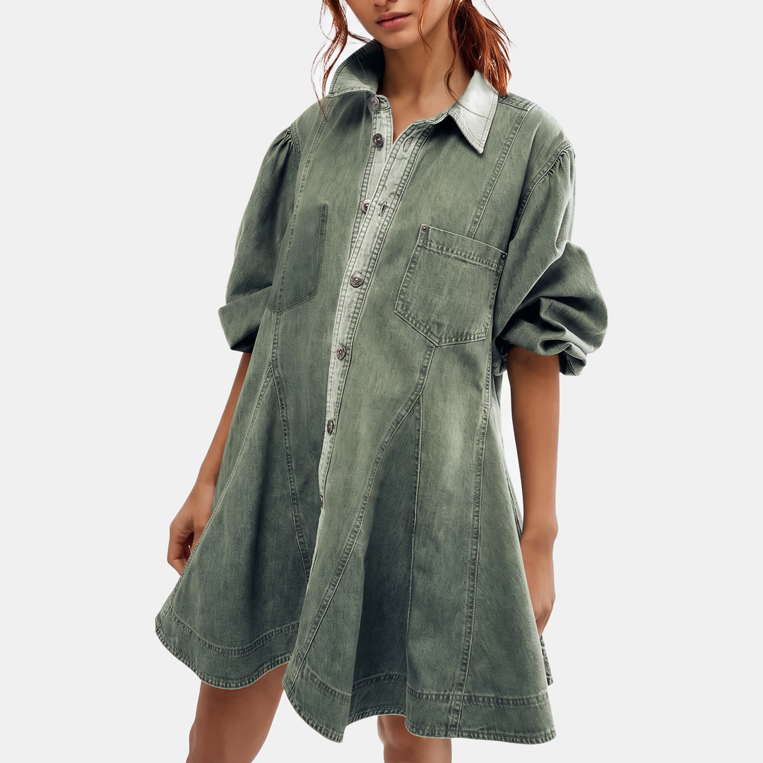 Robe chemise en jean courte pour femme, manches ballon et coupe évasée, coloris vert militaire