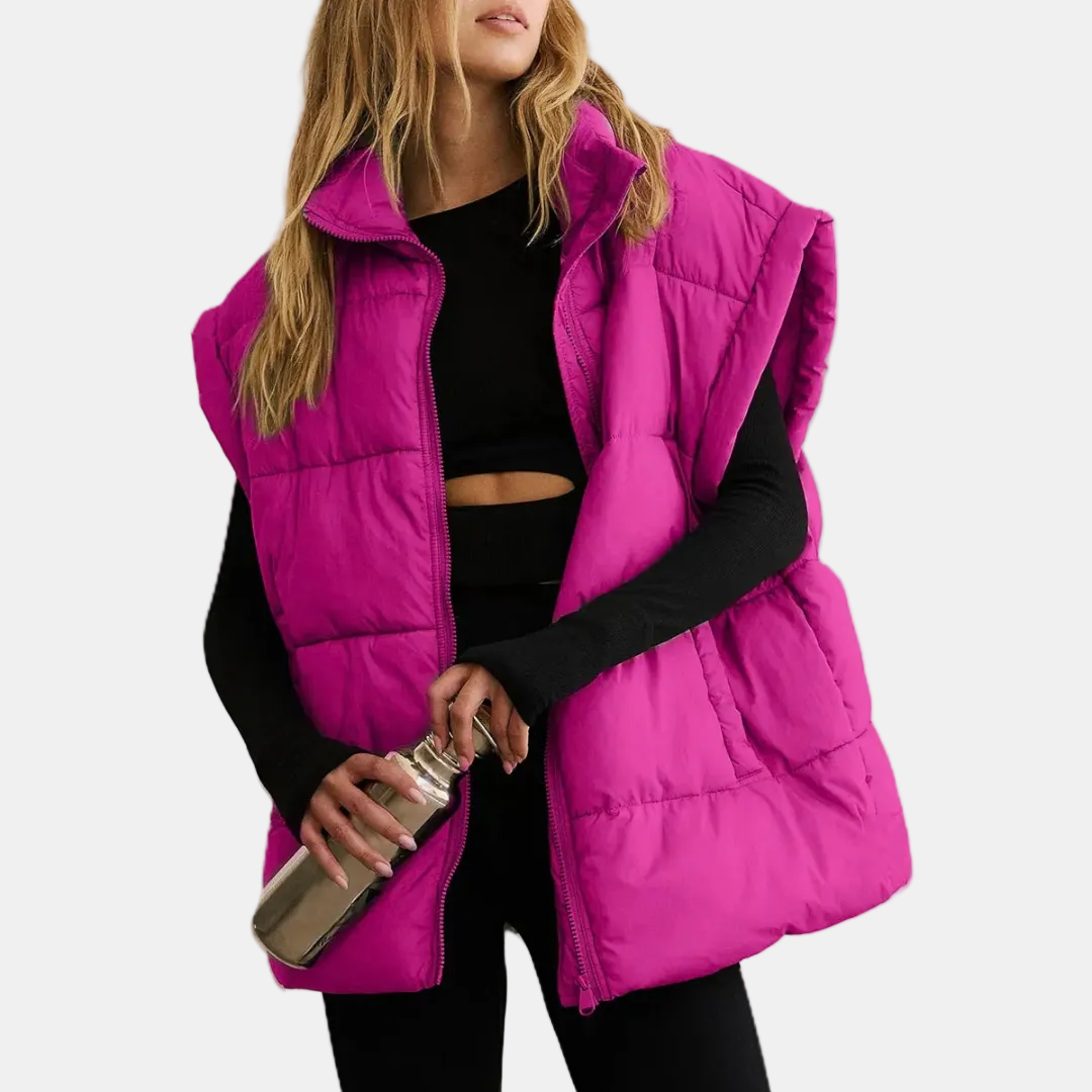 Women's Quilted Puffer Vest with Stand Collar and Front Zip