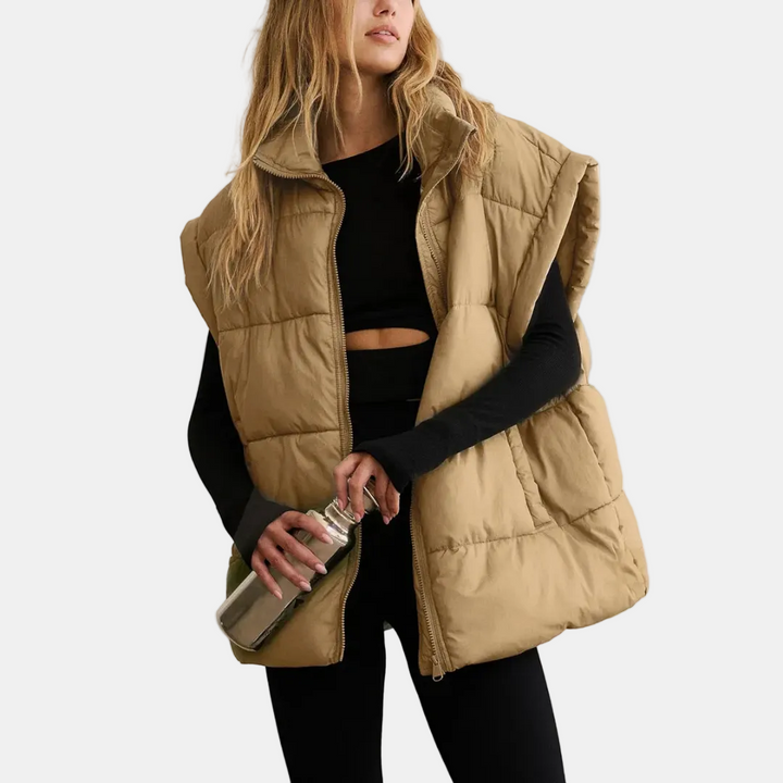 Women's Quilted Puffer Vest with Stand Collar and Front Zip
