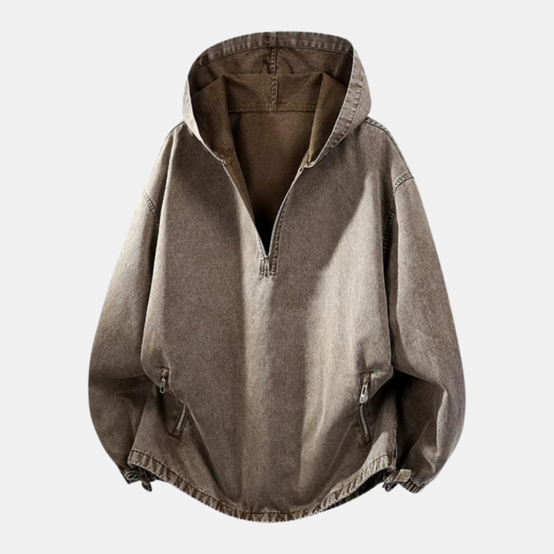 Veste femme mi-saison oversize en jean à capuche, demi-zip et cordons, coloris marron clair