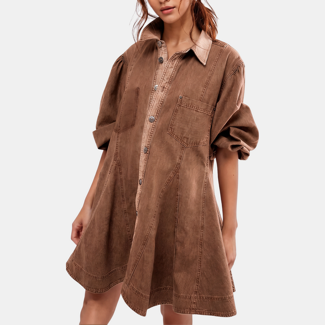 Robe chemise en jean courte pour femme, manches ballon et coupe évasée, coloris marron clair