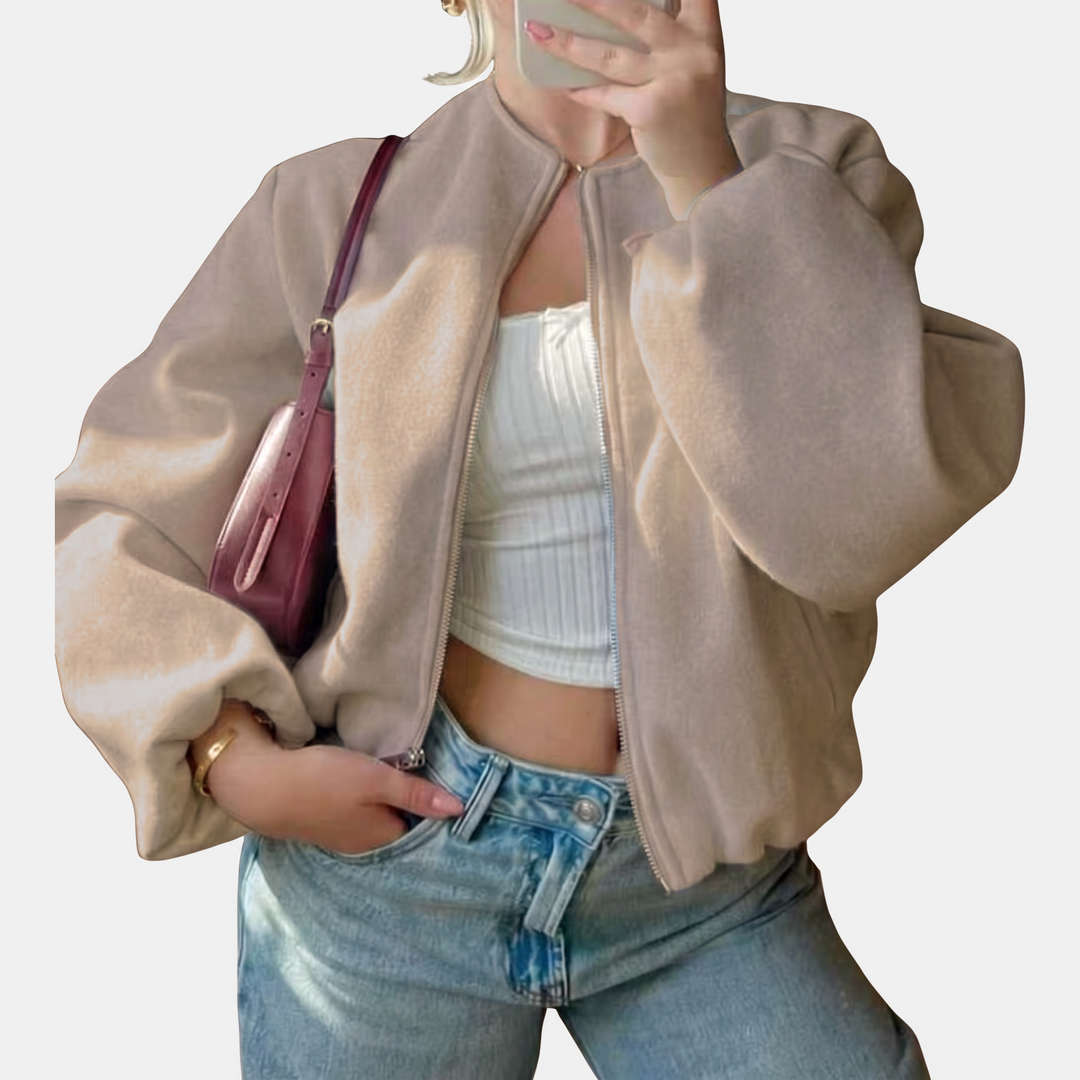 Bomber femme court et oversize, zippé pour la mi-saison, coloris beige