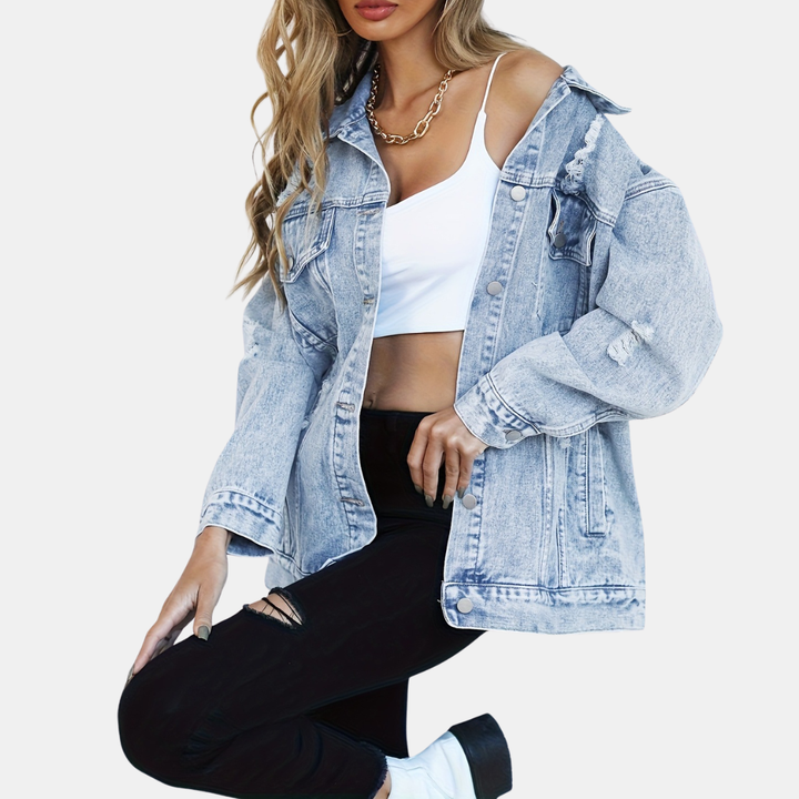 Veste en jean femme oversize et longue, délavée pour la mi-saison, coloris bleu clair