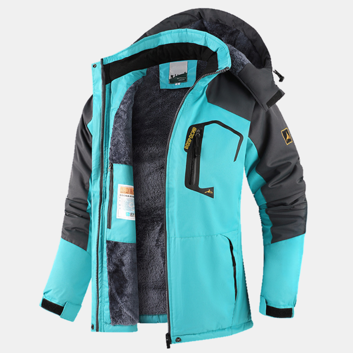 Veste d’hiver femme chaude, doublure polaire et capuche, coloris turquoise et gris foncé